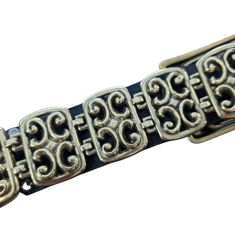 Brighton Black Leather Scroll Link Belt Gold Tone Accents Size M Style 49013 USA